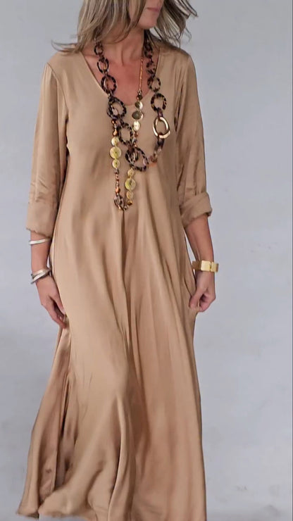 Womens Cotton Linen Maxi Dresses Casual Loose Fit V Neck 3/4 Sleeve Side Slit A Line Linen Long Dress