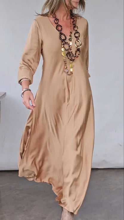 Womens Cotton Linen Maxi Dresses Casual Loose Fit V Neck 3/4 Sleeve Side Slit A Line Linen Long Dress