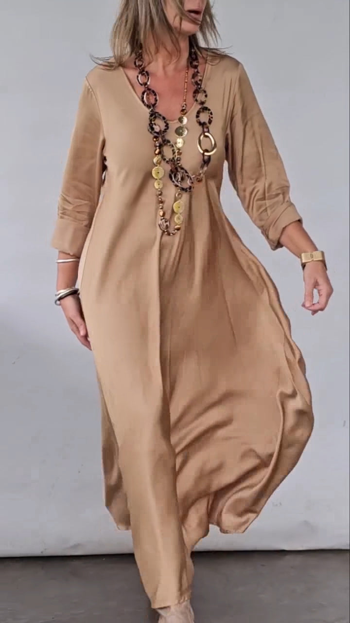 Womens Cotton Linen Maxi Dresses Casual Loose Fit V Neck 3/4 Sleeve Side Slit A Line Linen Long Dress - Seldom Seen Styles