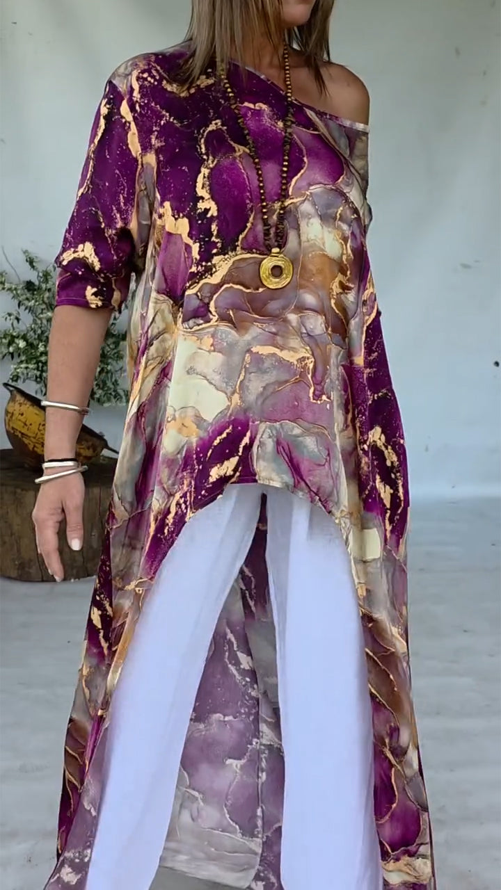 Women Round Neck Printed Irregular Casual Top - Seldom Seen Styles