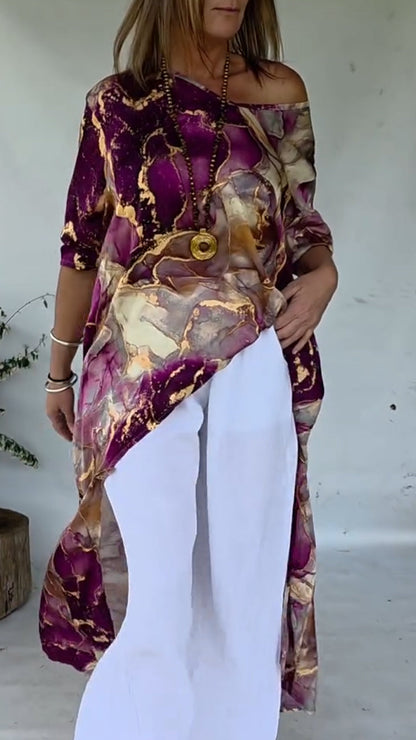 Women Round Neck Printed Irregular Casual Top