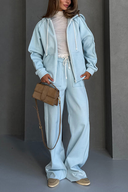 Women Round Neck Hooded Jacket + Pants Casual Suit