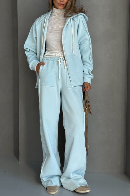 Women Round Neck Hooded Jacket + Pants Casual Suit
