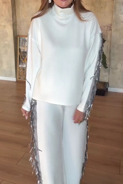 Women Casual High Neck Long Sleeve Sequined Tassel Splicing Top + Pants Suit