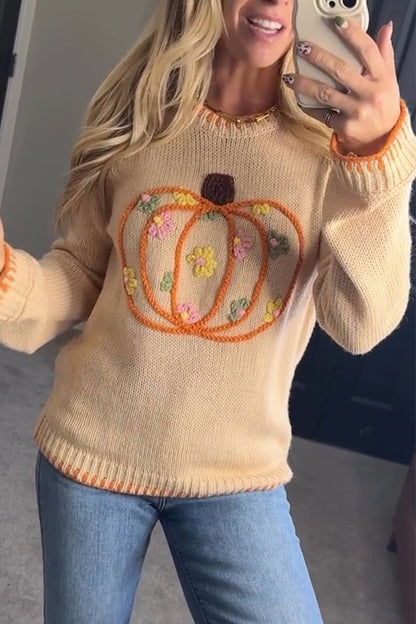 Sweaters for Women Casual Crewneck Long Sleeve Floral Print Cable Knit Pullover Sweater Tops