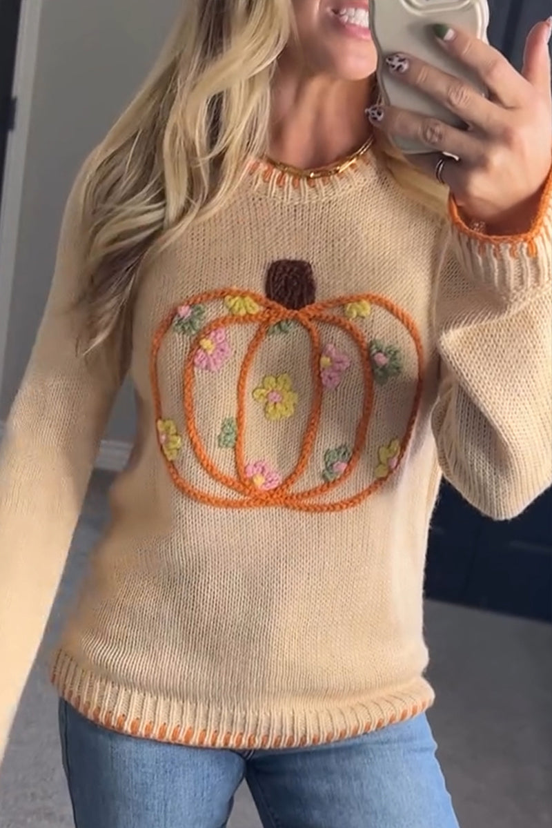 Sweaters for Women Casual Crewneck Long Sleeve Floral Print Cable Knit Pullover Sweater Tops - Seldom Seen Styles