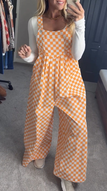 Overalls for Women Loose Fit Jumpsuits Fashion Checkered Straight Leg Pants Stretch Bib Coveralls