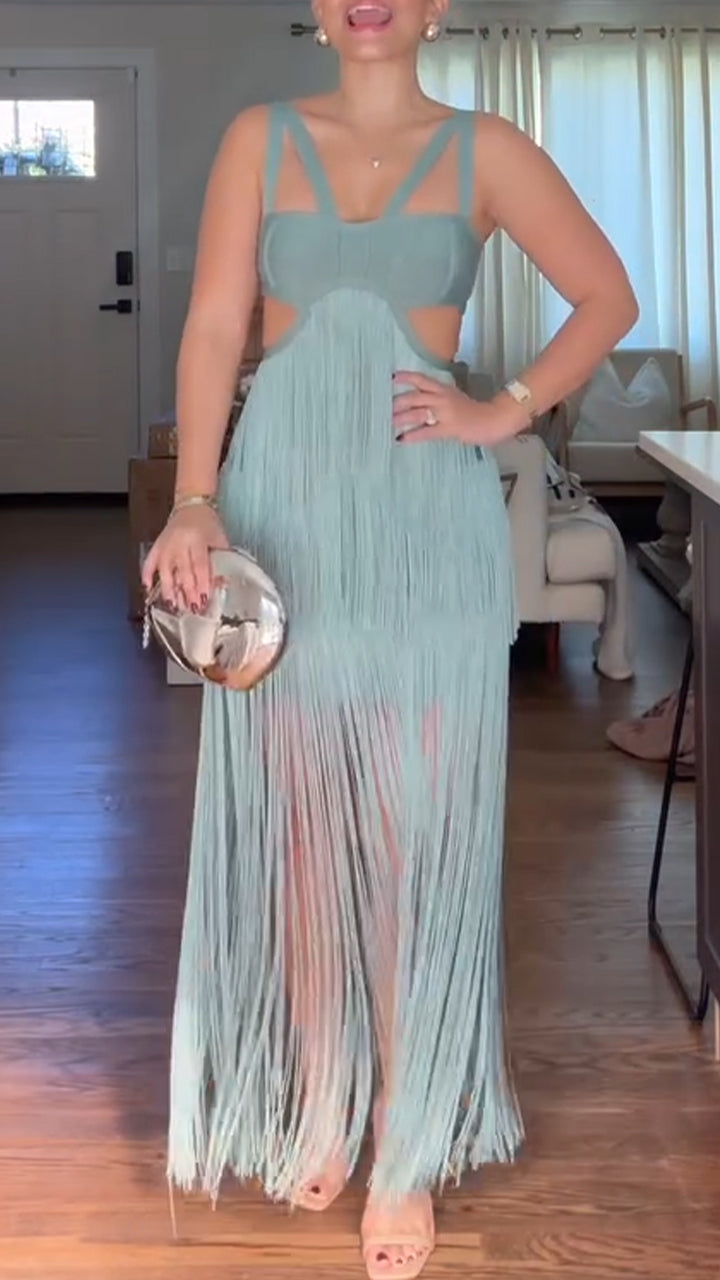 Women Suspender Hollow Stitching Tassel Solid Color Elegant Temperament Evening Party Dress - Seldom Seen Styles