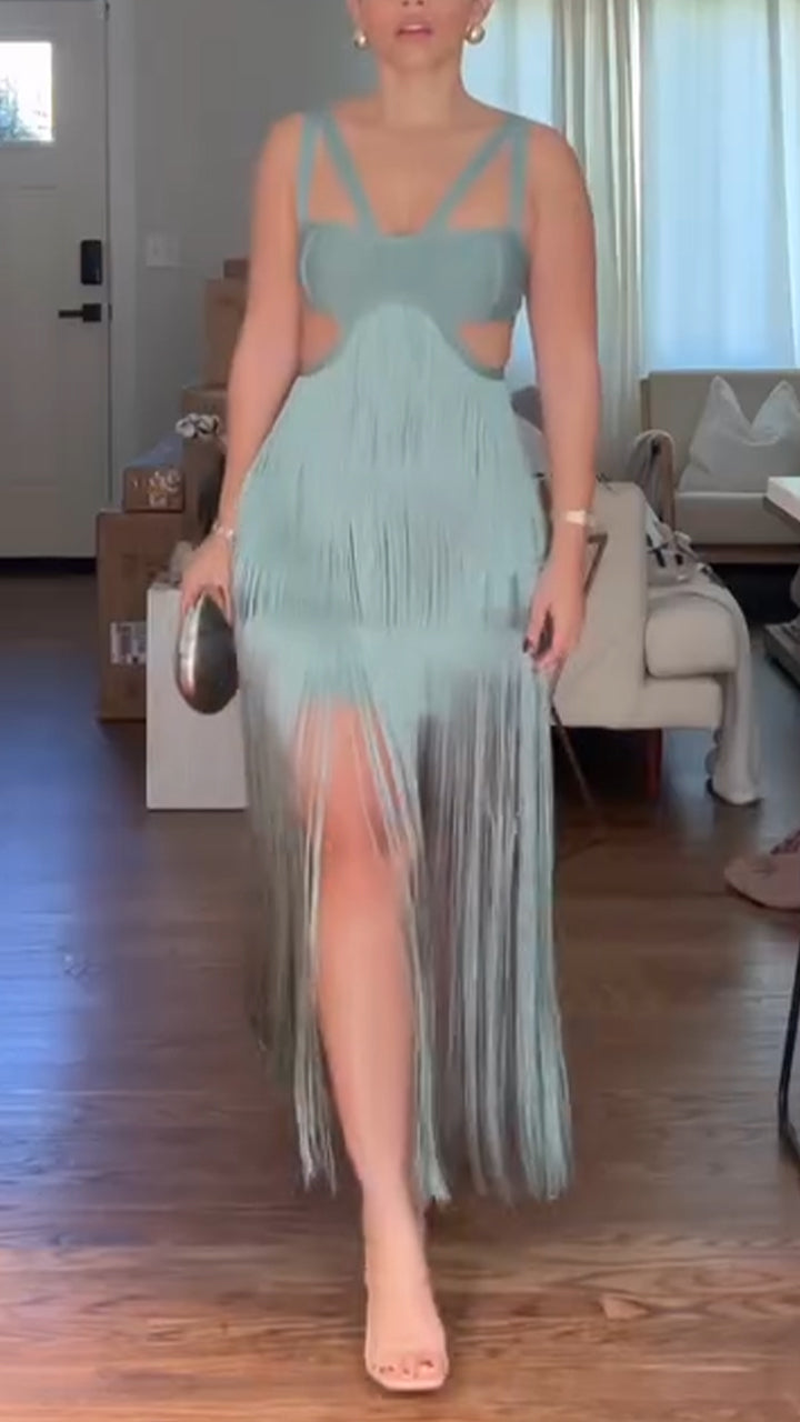 Women Suspender Hollow Stitching Tassel Solid Color Elegant Temperament Evening Party Dress - Seldom Seen Styles