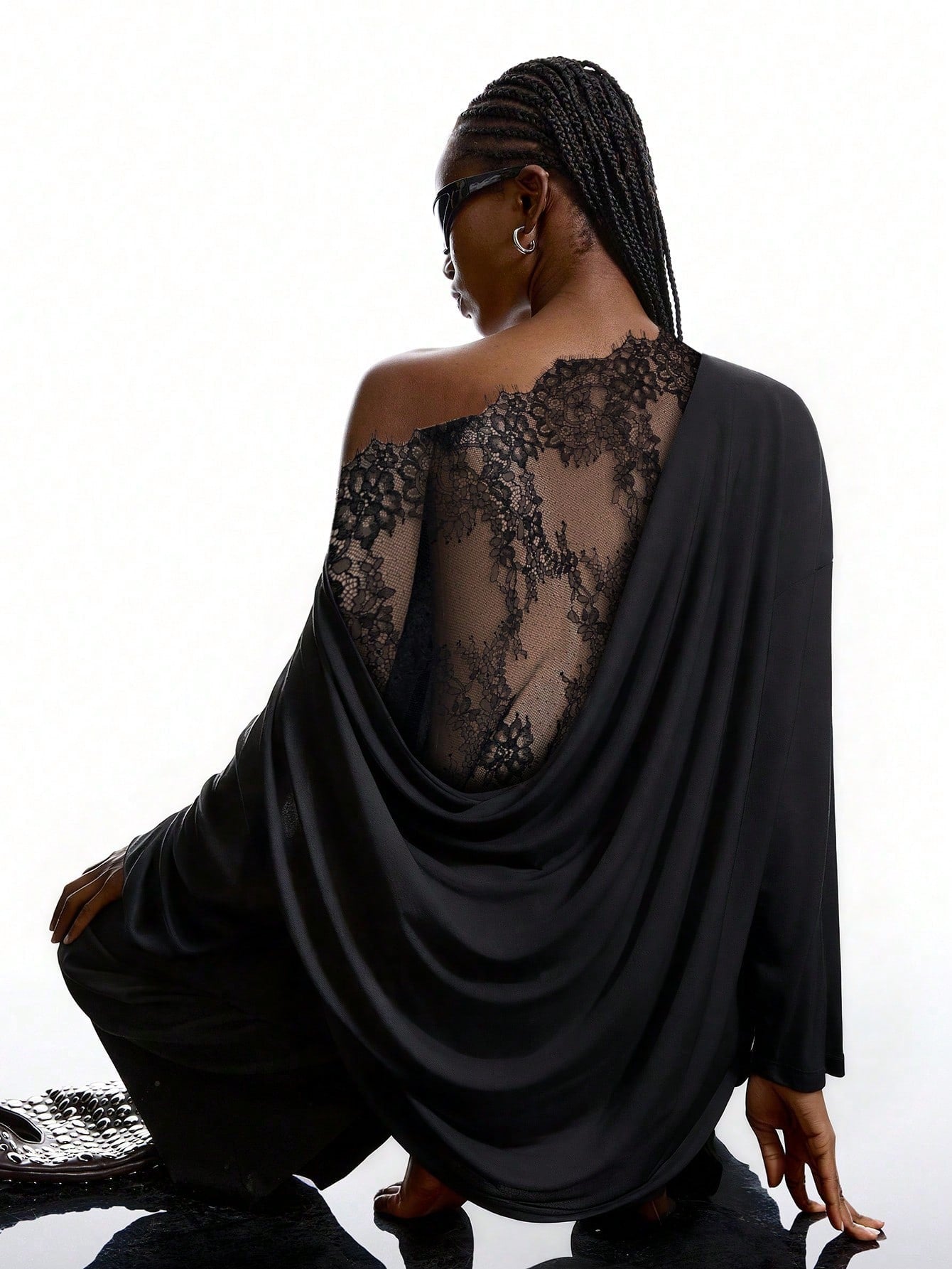 Women's Off Shoulder Top Lace Back Oversized Long Sleeve Casual Loose Fit Blouse - Seldom Seen Styles