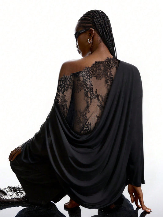 Women's Off Shoulder Top Lace Back Oversized Long Sleeve Casual Loose Fit Blouse - Seldom Seen Styles
