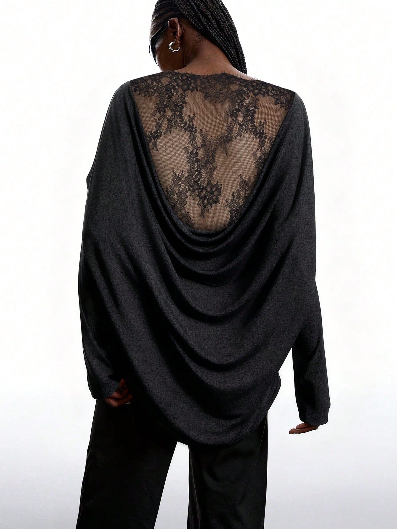 Women's Off Shoulder Top Lace Back Oversized Long Sleeve Casual Loose Fit Blouse - Seldom Seen Styles