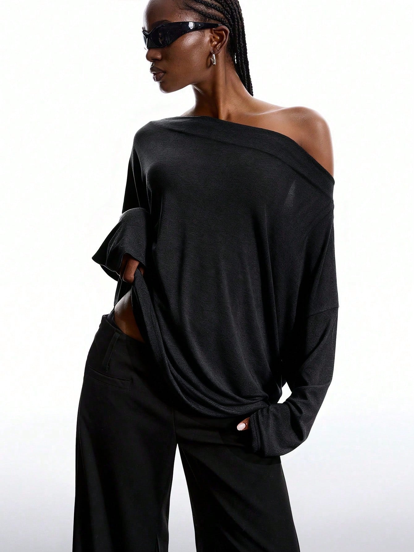 Women's Off Shoulder Top Lace Back Oversized Long Sleeve Casual Loose Fit Blouse - Seldom Seen Styles