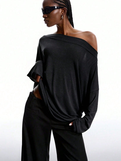 Women's Off Shoulder Top Lace Back Oversized Long Sleeve Casual Loose Fit Blouse