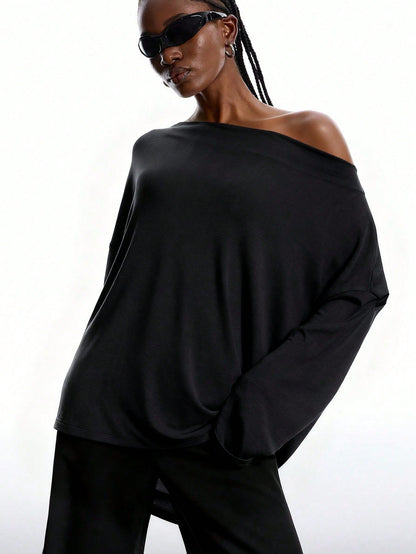 Women's Off Shoulder Top Lace Back Oversized Long Sleeve Casual Loose Fit Blouse