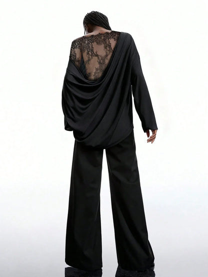 Women's Off Shoulder Top Lace Back Oversized Long Sleeve Casual Loose Fit Blouse