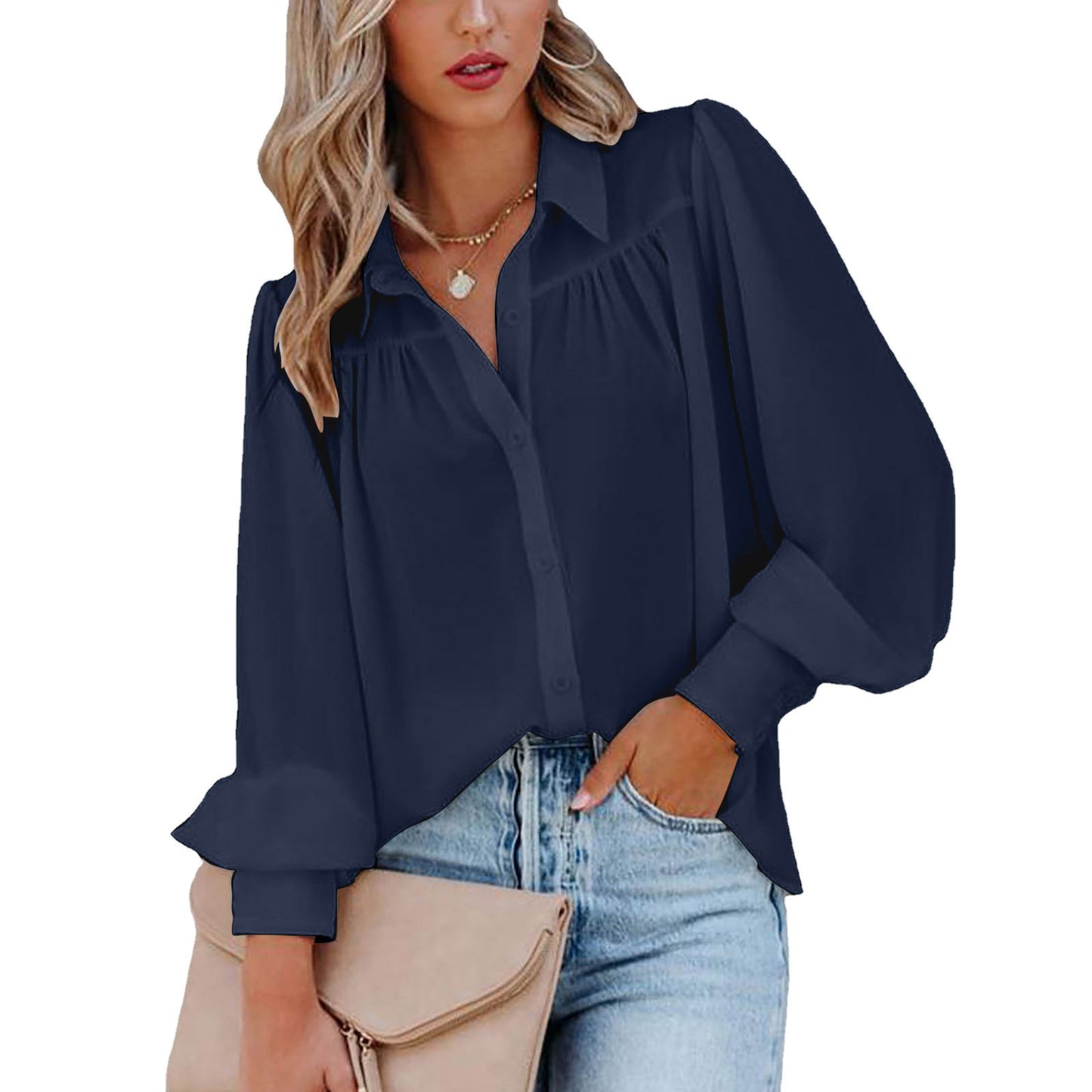 2024Cross-Border wish Amazon Button Top Lantern Sleeve Pleated Solid Color Stand Collar Loose Shirt Long Sleeve Women's Clothing