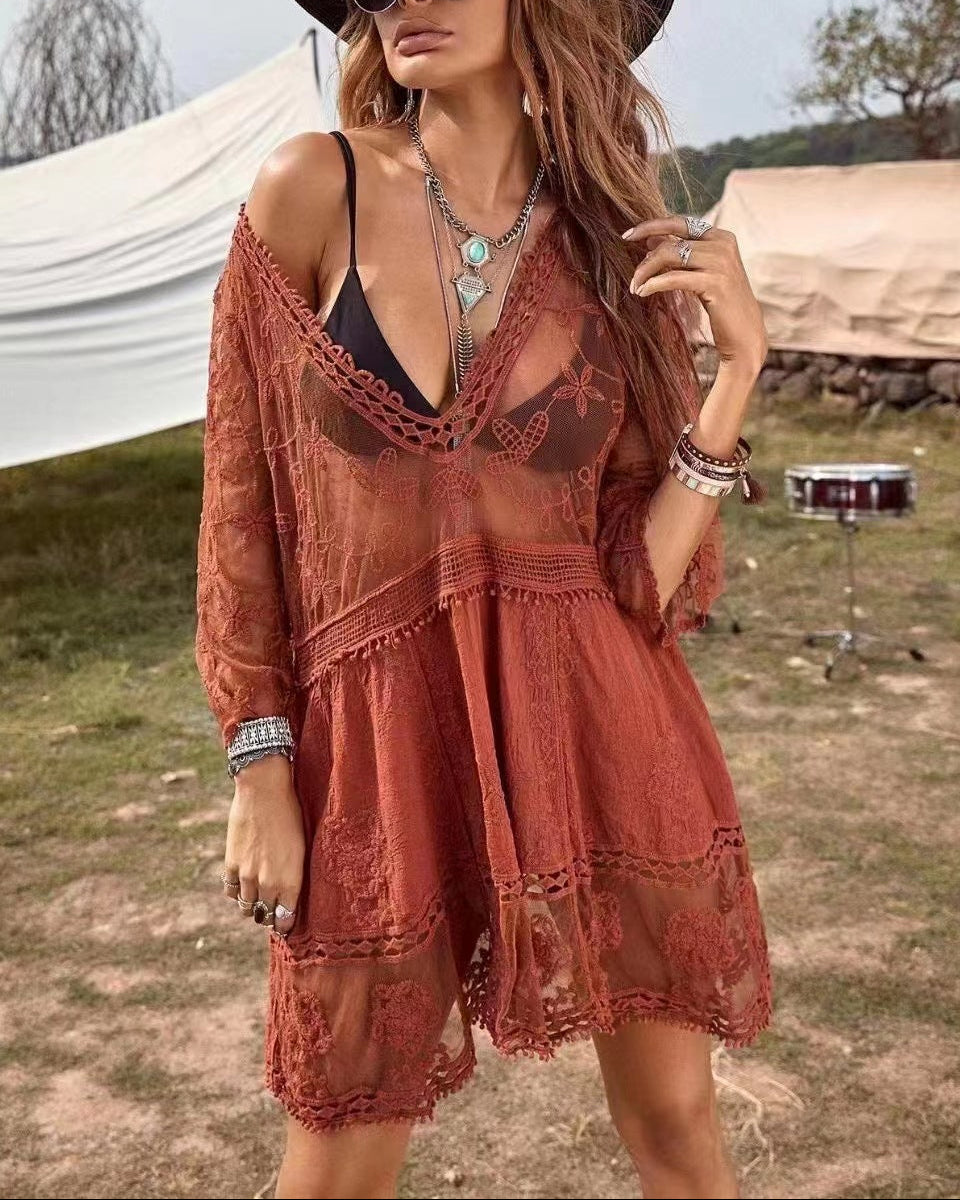Women's V-Neck Lace Crochet Beach Cover Up Sheer Boho Swimsuit Coverup Summer Vacation Bikini Top - Seldom Seen Styles