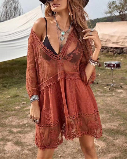 Women's V-Neck Lace Crochet Beach Cover Up Sheer Boho Swimsuit Coverup Summer Vacation Bikini Top