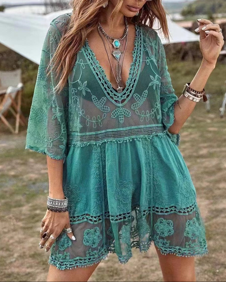 Women's V-Neck Lace Crochet Beach Cover Up Sheer Boho Swimsuit Coverup Summer Vacation Bikini Top - Seldom Seen Styles
