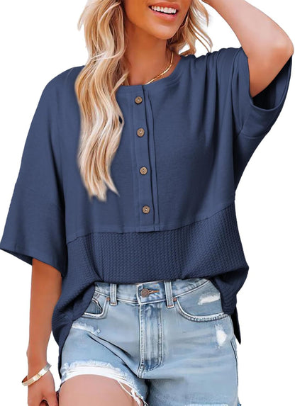 Womens Waffle Knit Tops 2025 Fashion 3/4 Sleeve Casual Button Down Shirts Crew Neck Oversized Patchwork Blouses