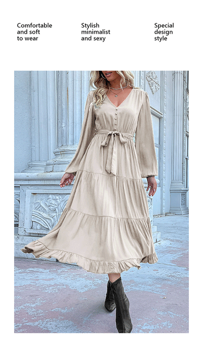 Robes de printemps pour femmes 2025, manches longues, col en V, boutonnée, ceinture, coupe trapèze, fluide, volants, maxi, chemise, poches