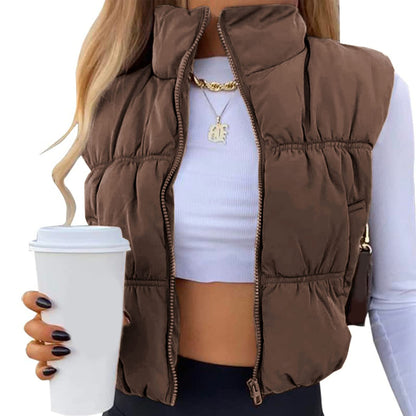 Women's Sleeveless Puffer Vest Zip-Up Stand Collar Trendy Cozy Cropped Outerwear for Stylish Layering