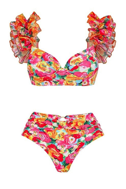 3D Floral Print Swimsuit & Skirt Set