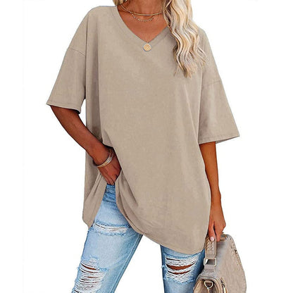 Women's Loose Fit V-Neck T-Shirt Short Sleeve Casual Summer Tops Solid Color Lightweight Breathable Cotton Blend Tee Shirt for Women