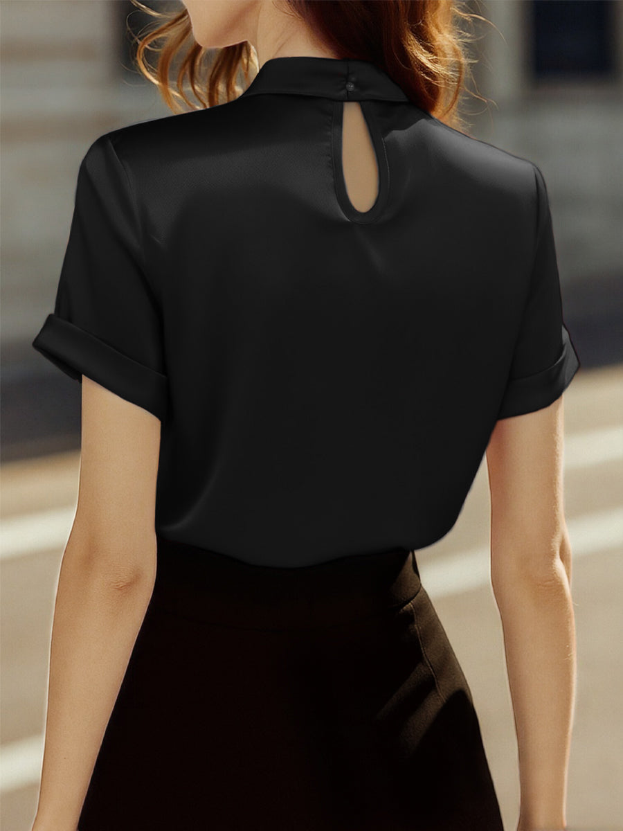 Sophisticated White Satin Blouse with Modern Keyhole Neckline - Seldom Seen Styles