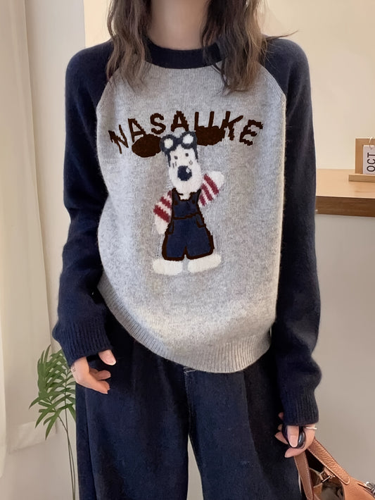 Süßer Pullover mit Cartoon-Muster, Rundhalspullover mit Raglanärmeln für Herbst und Winter, Damenbekleidung