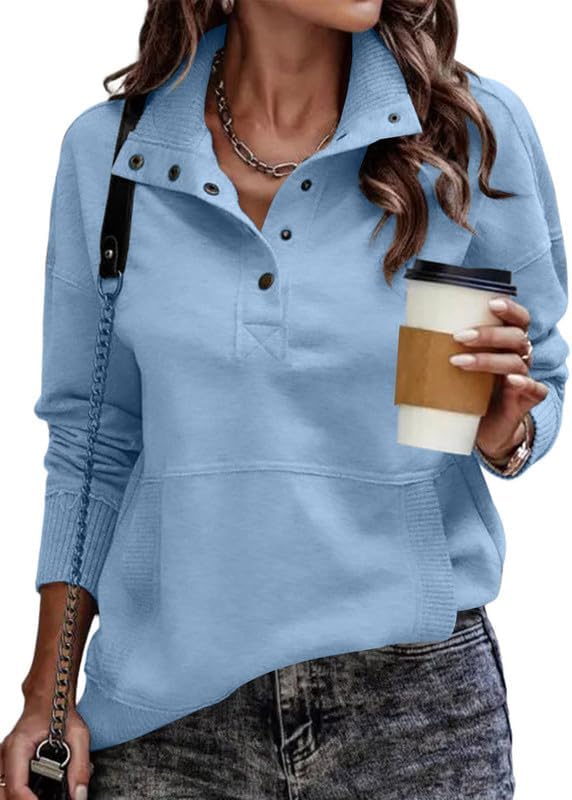 Womens Sweatshirt Casual Long Sleeve Lightweight Sweatshirts Button Loose Pullover Tops