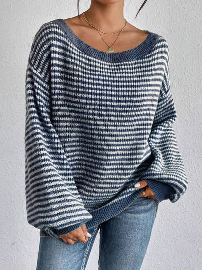 Women's Striped Drop Shoulder Sweater, Y2k Casual Bishop Sleeve Boat Neck Jumper Tops for Daily Outdoor Wear Back To School, Sweaters for Women, Ladies Knitwear for Fall, Fall Outfits, Fallfreshness, Preppy 80s Clothes