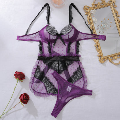 Sexy Color-Block Mesh See-Through Lingerie Hollow Out Backless No-Remove Temptation Erotic Bodysuit with Underwire