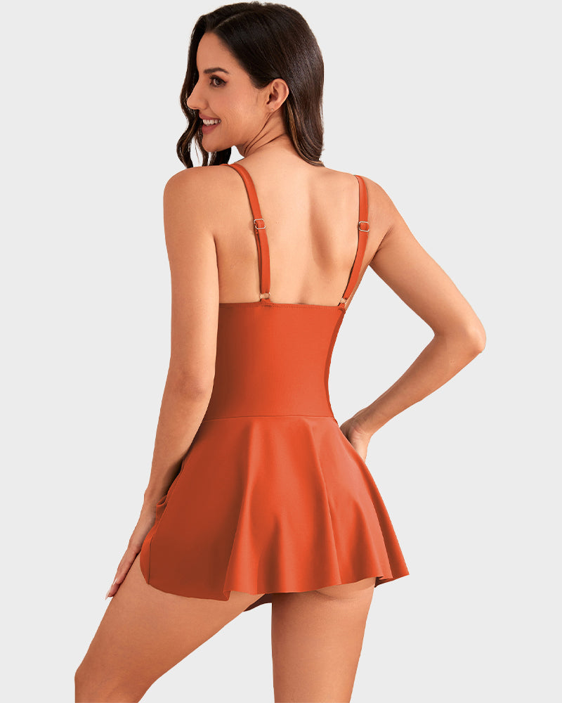 Women's One Piece Tummy Control Tie Knot Swimsuit Skort Built-In Bra Beach Vacation