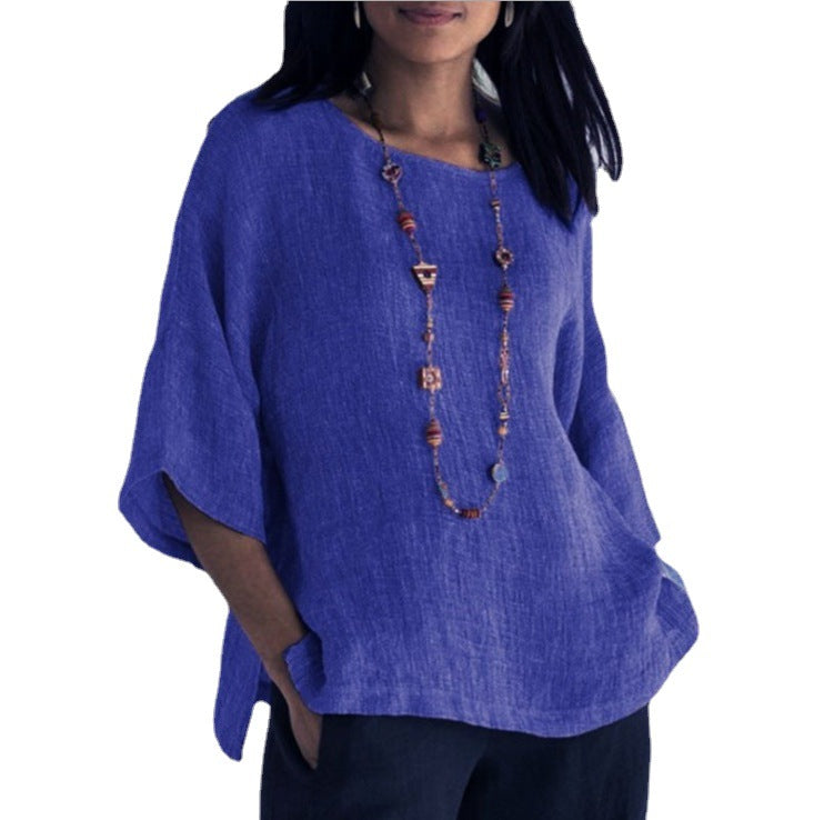 Womens Cotton Linen 3/4 Sleeve Casual Loose Top Crew Neck Shirt Spring Summer Oversized Solid Color Blouses for Women 2024 - Seldom Seen Styles