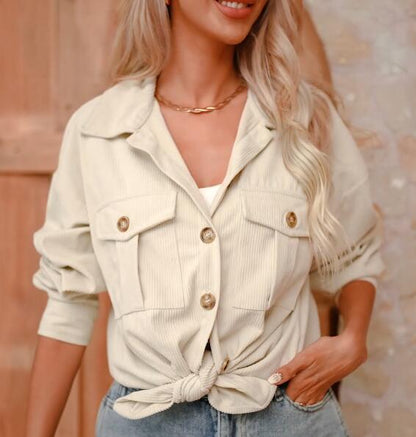 Womens Fashion Cropped Corduroy Shackets Button Down Jackets Tops Fall Trendy Long Sleeve Shirts