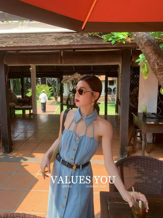 Women's Denim Halter Neck Maxi Dress Gold Button A-Line Two Colors Vintage Blue Light Blue with Free Belt S M L VY2383
