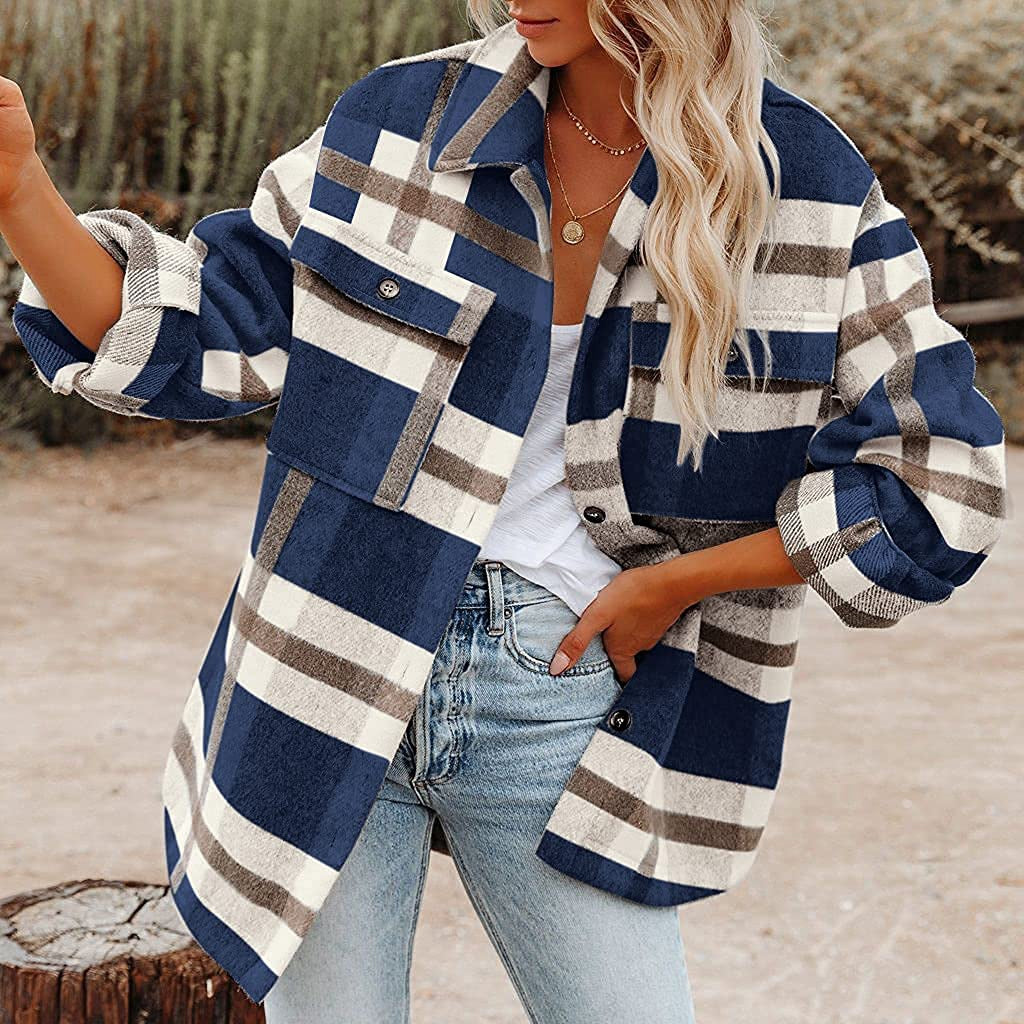 Beaully Damen Flanell Plaid Shacket Langarm Button-Down-Hemden Jacke Mäntel mit Seitentaschen 