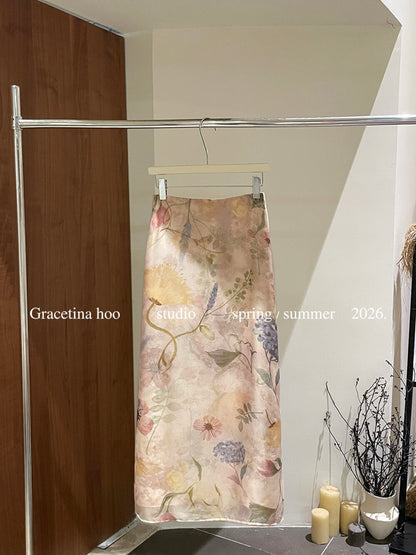 Vintage Oil Painting Floral Print Midi Skirt 100% Polyester Side Zip A-Line Elegant Summer Skirt