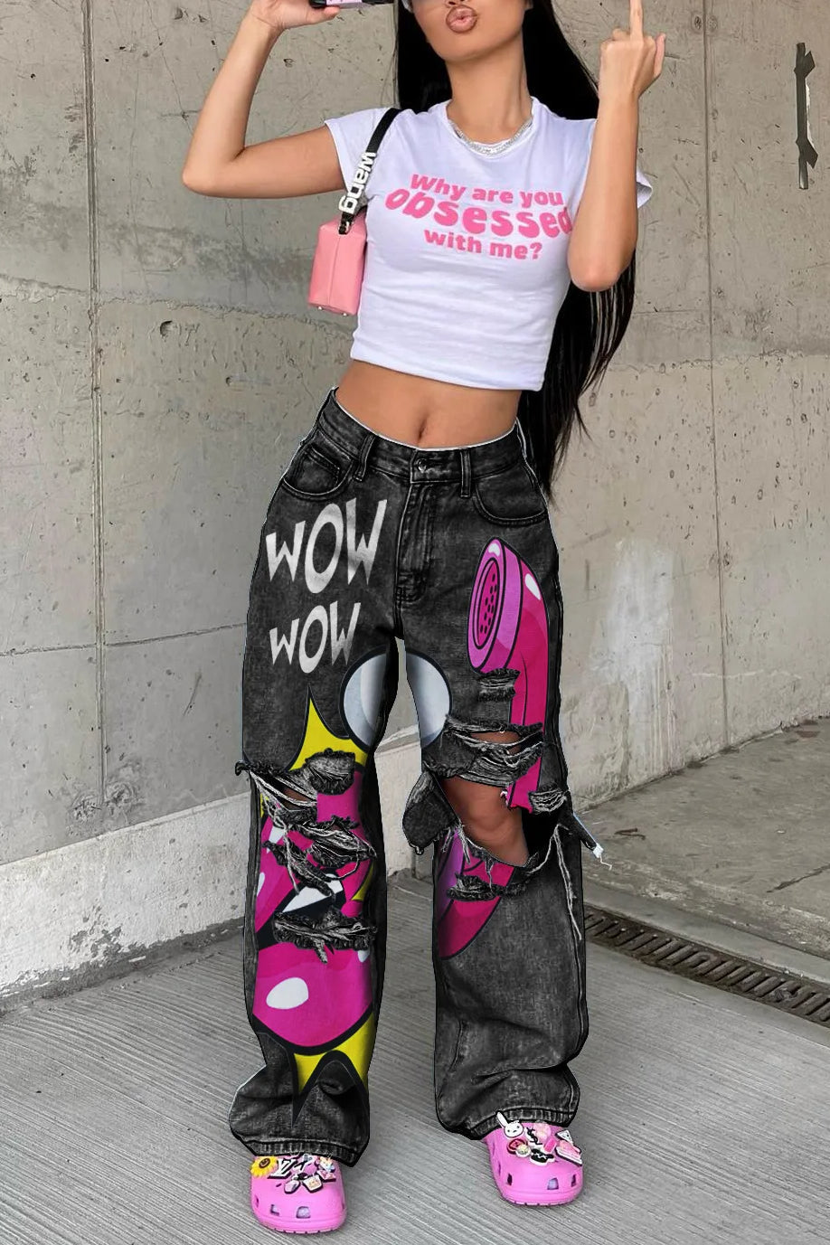 Mid Waist Printed Baggy Jeans - Seldom Seen Styles