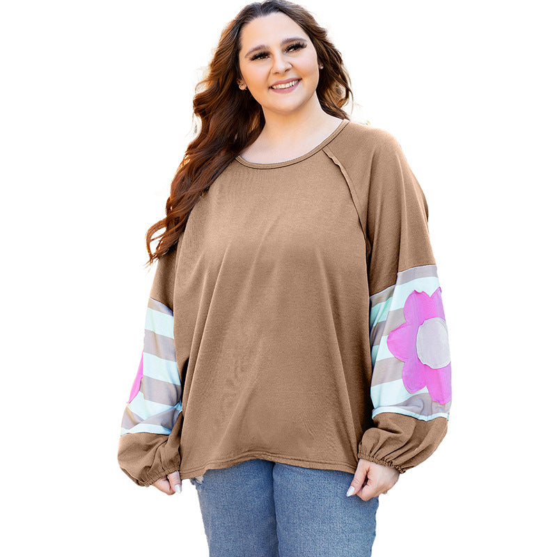 Winter New Loose-Fitting Pullover round-Neck Sweater for Women   Floral Patchwork Drop-Shoulder Long-Sleeve  T-shirt