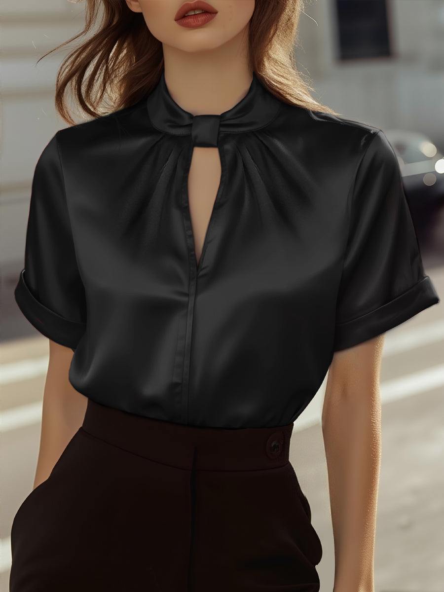 Sophisticated White Satin Blouse with Modern Keyhole Neckline - Seldom Seen Styles