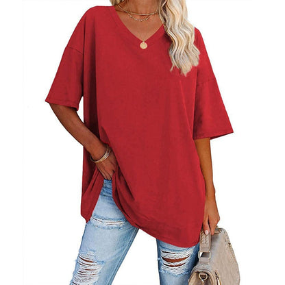 Women's Loose Fit V-Neck T-Shirt Short Sleeve Casual Summer Tops Solid Color Lightweight Breathable Cotton Blend Tee Shirt for Women