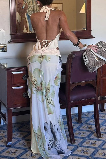 Ensemble haut licou dos nu sexy et jupe longue moulante imprimée