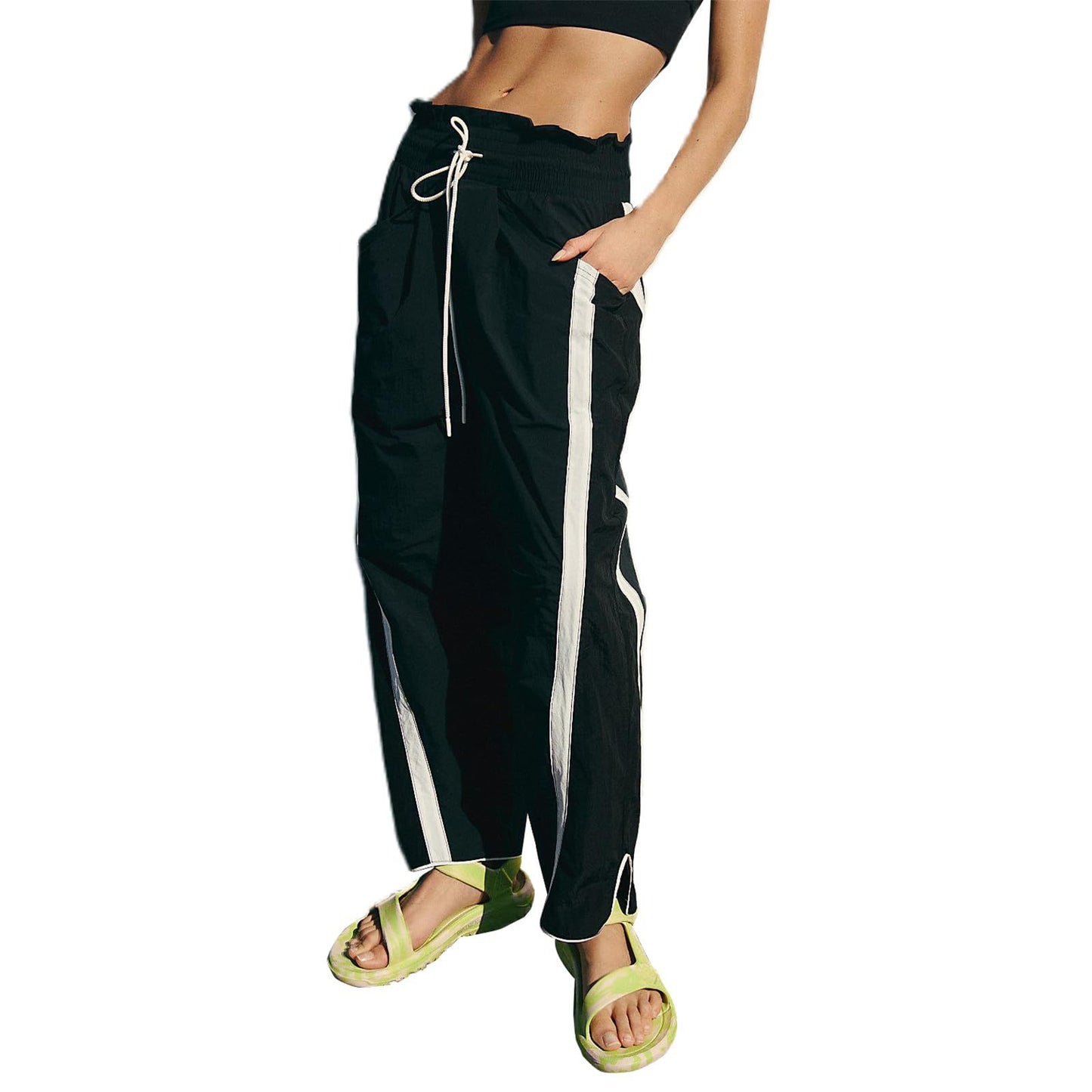 Women's Baggy Wide Leg Pants Casual Drawstring Elastic Waisted Contrast Color Workout Y2K Track Pants - Seldom Seen Styles