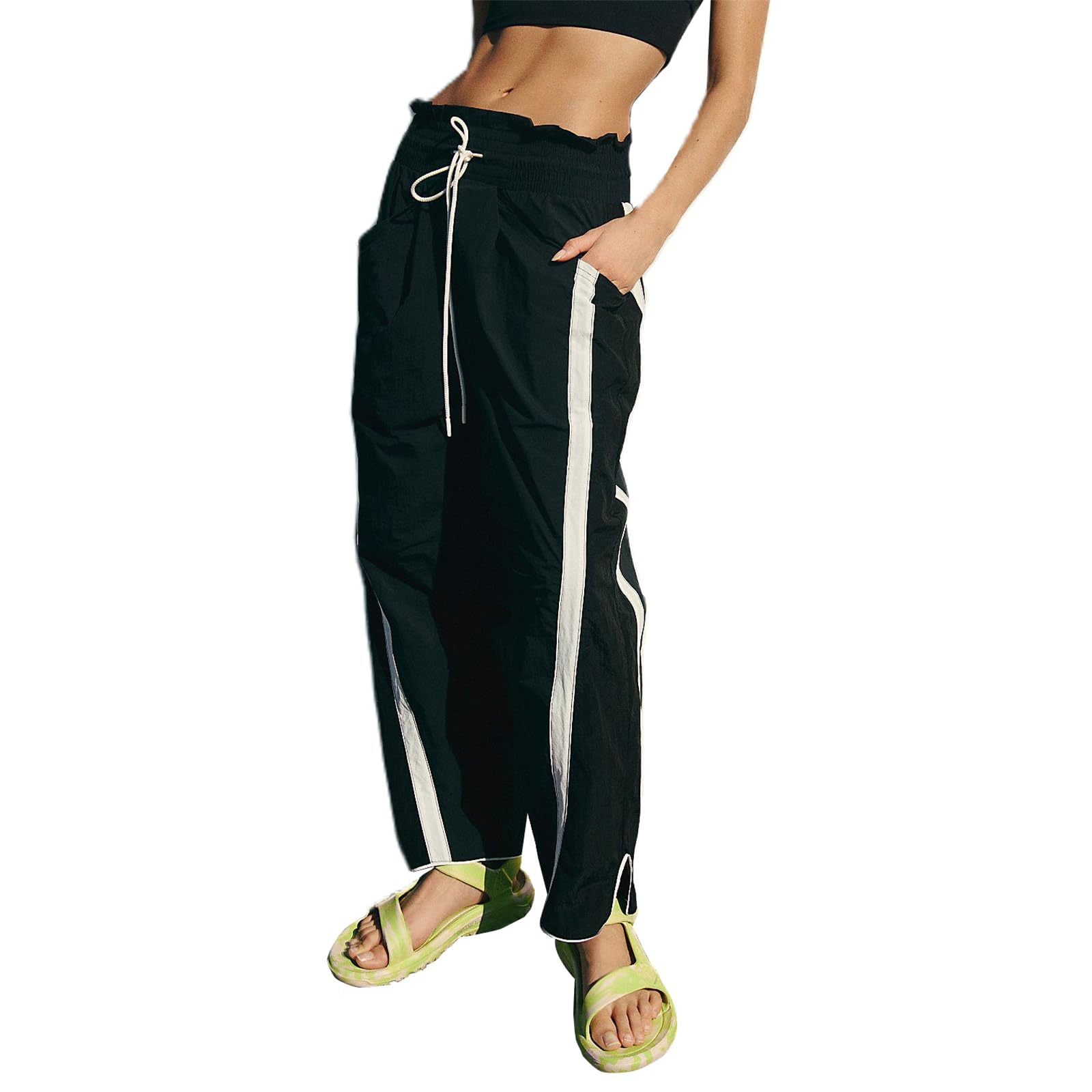 Women's Baggy Wide Leg Pants Casual Drawstring Elastic Waisted Contrast Color Workout Y2K Track Pants - Seldom Seen Styles