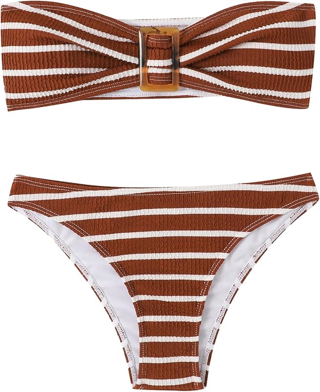 Women's 2 Piece Strapless Swimsuit Striped Bandeau High Waisted Thong Bikini Set Bathing Suit - Seldom Seen Styles