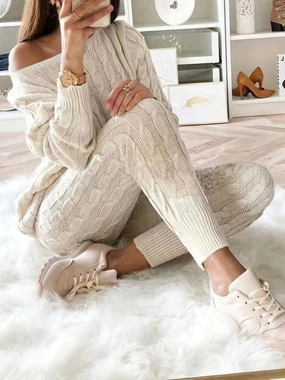 Women's Solid Sweater & Pants Set, Casual Fashion Cozy Top & Trousers for Fall, 2 Piece Sets Women, Women's Fall Knitwear Outfits, Sweater Sets, Sweater Co-ords