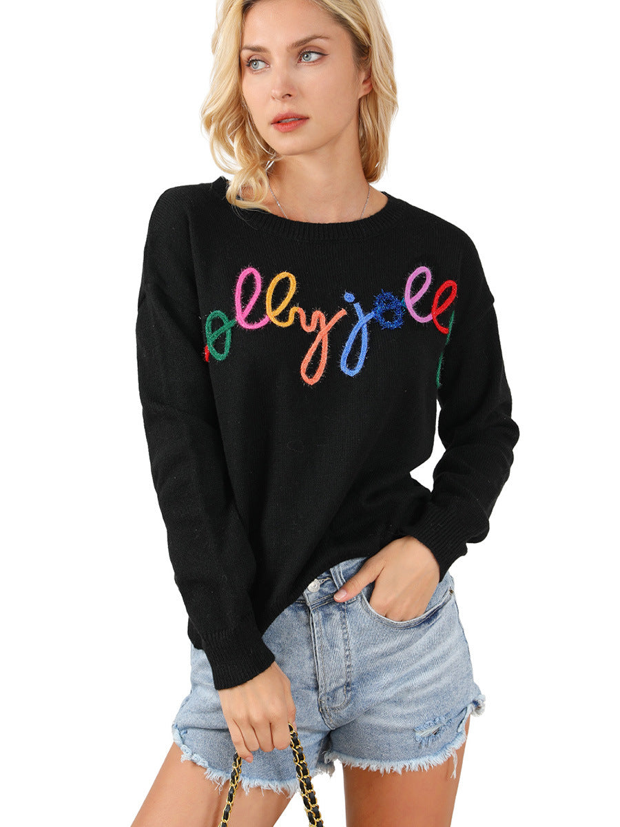 2024Autumn New Long-Sleeved Pullover for Women European and American Leisure All-Match Letters Printed Warm Thickened Sweater for Women